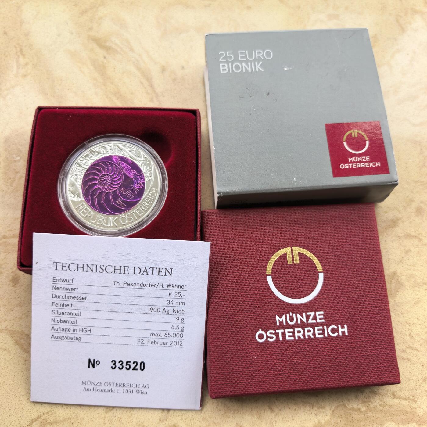 道一币馆币章第一百七十四场 原盒证 奥地利2012年仿生学发展25欧元铌芯银币