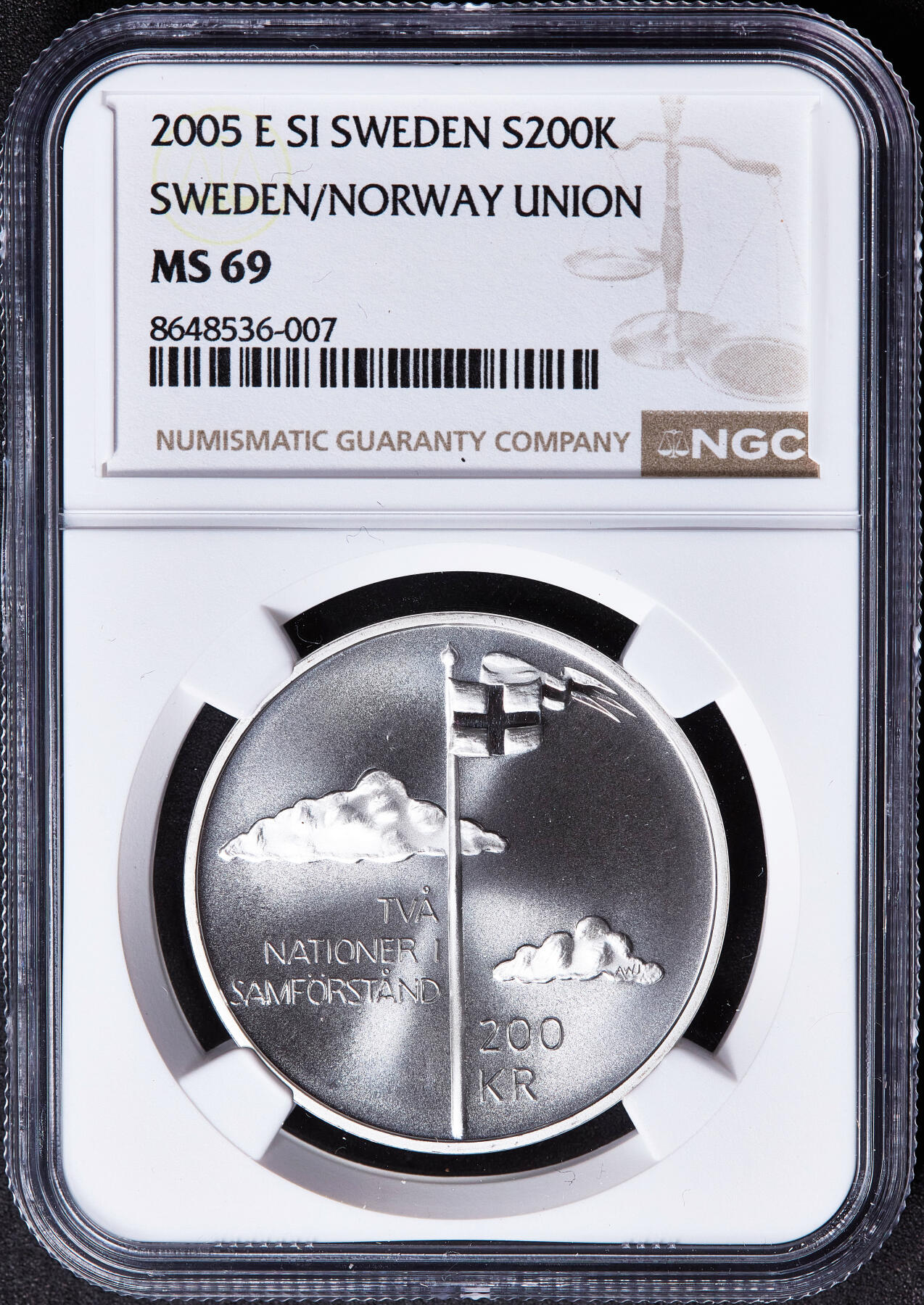 【俄甄集藏】满园春色-2026年(051)04-22星期三 晚 19:30 全场包邮 瑞典2005年纪念瑞典-挪威联盟解体一百周年200克朗银币，NGC MS69，设计精美，重27.03克，925银，发行量19494枚，季军