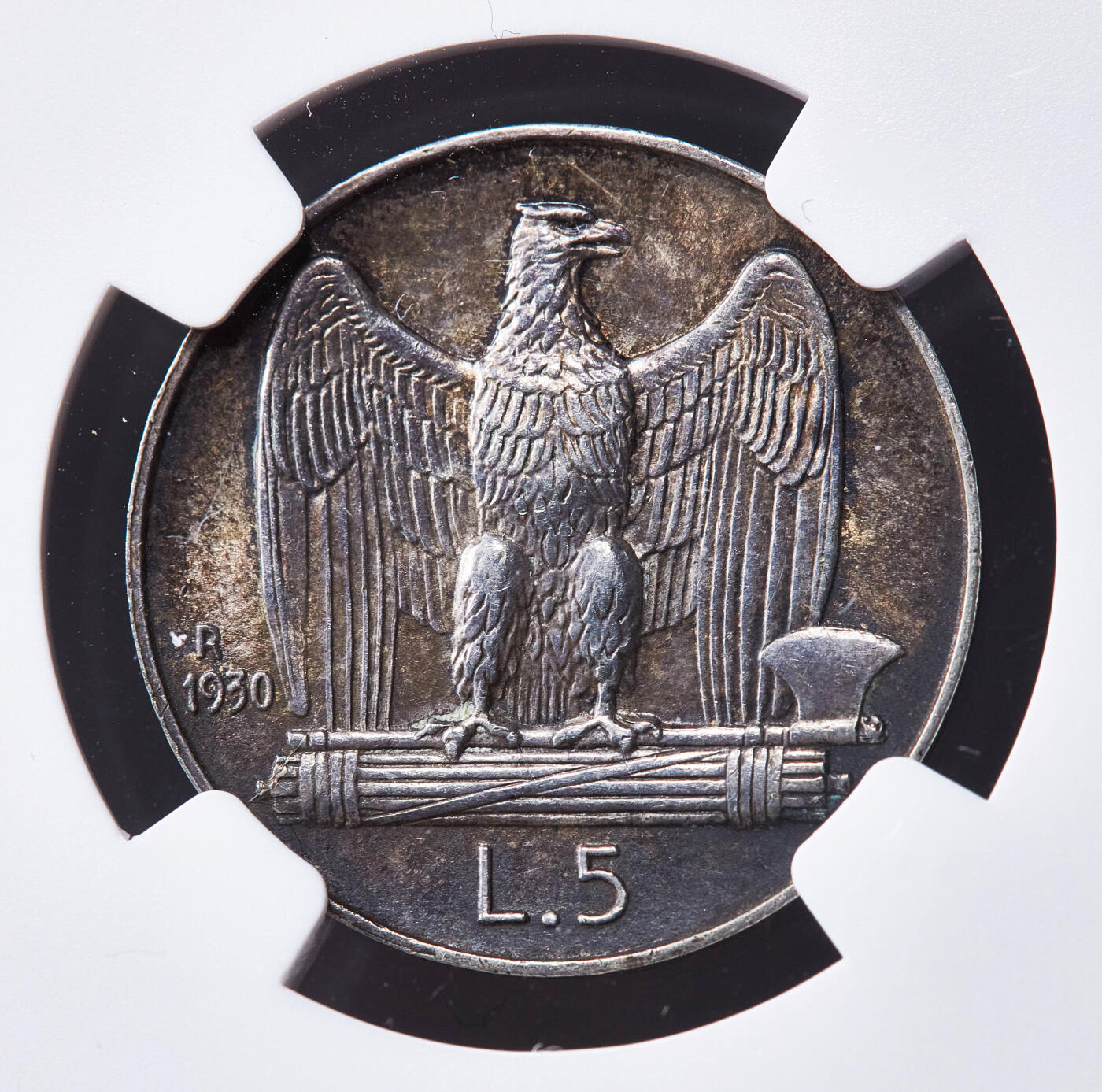 【俄甄集藏】满园春色-2026年(051)04-22星期三 晚 19:30 全场包邮 意大利王国1930年伊曼纽尔三世R版5里拉老鹰银币，NGC MS63，黄油酱彩原光品相，经典品种