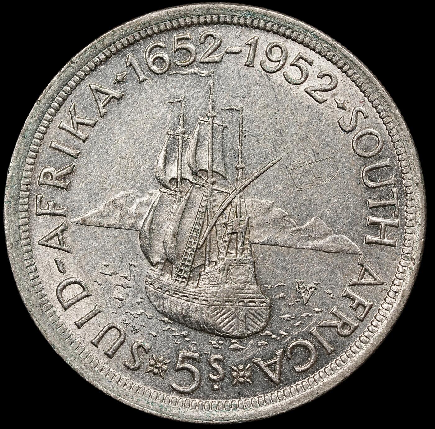 修遠堂世界钱币第111期 1952年南非-开普敦发现300周年5先令大银币 28.29g，50%银