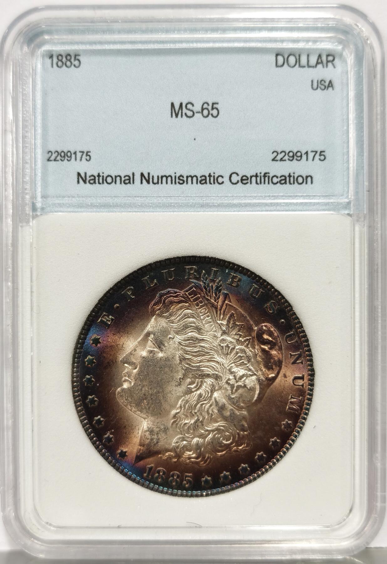 博洋堂世界钱币拍卖第168期（全场包邮） NNC MS65 美国1885年摩根银币，正面女神自然过渡的炫彩包浆，品相顶级，霸道十足