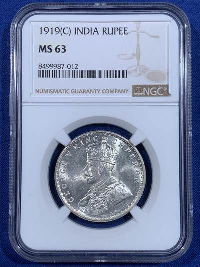 《竞宝斋》第479场 周日，周一 2场连拍 （全场包邮）20级店铺 欢迎送拍 - NGC MS63 英属印度 1919年 C版 乔治五世 1卢比 银币