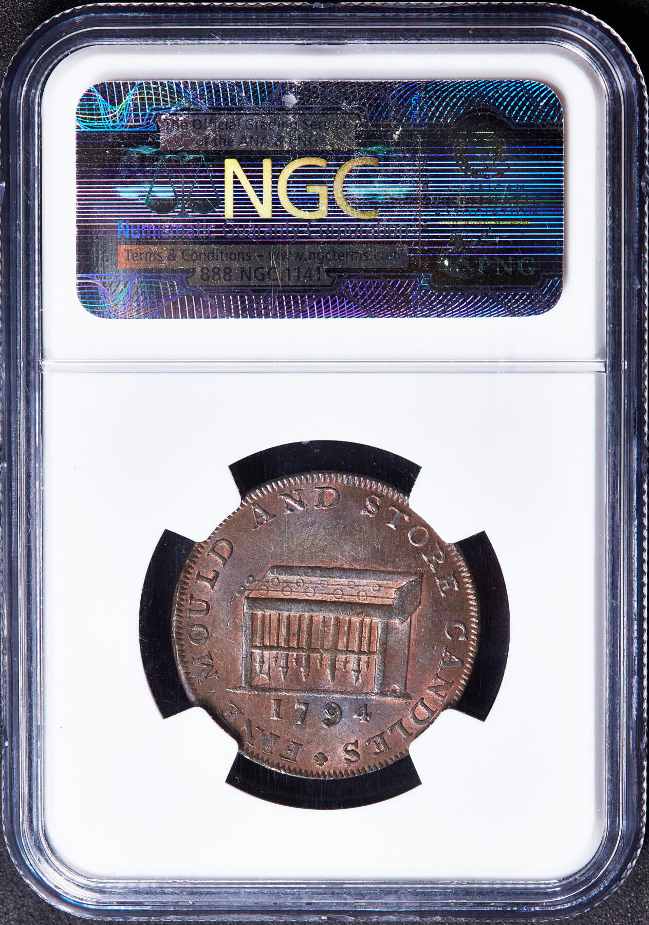 【俄甄集藏】满园春色-2026年(051)04-22星期三 晚 19:30 全场包邮 英国1794年米德尔塞克思郡伦敦蜡烛商人弗朗西斯·沙克尔顿1/2便士皇室纹章与蜡烛作坊商业代用铜币，NGC MS64，巧克力包浆，转光品相，少见品种，冠军分