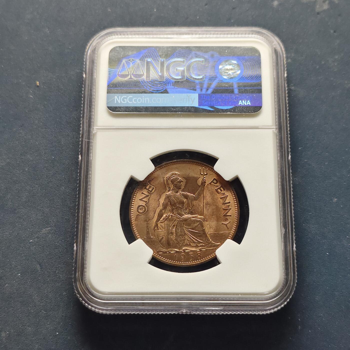 【全场包邮】纯粹捡漏拍521场 英国1938年乔治六世1便士铜币-NGC MS64 RB