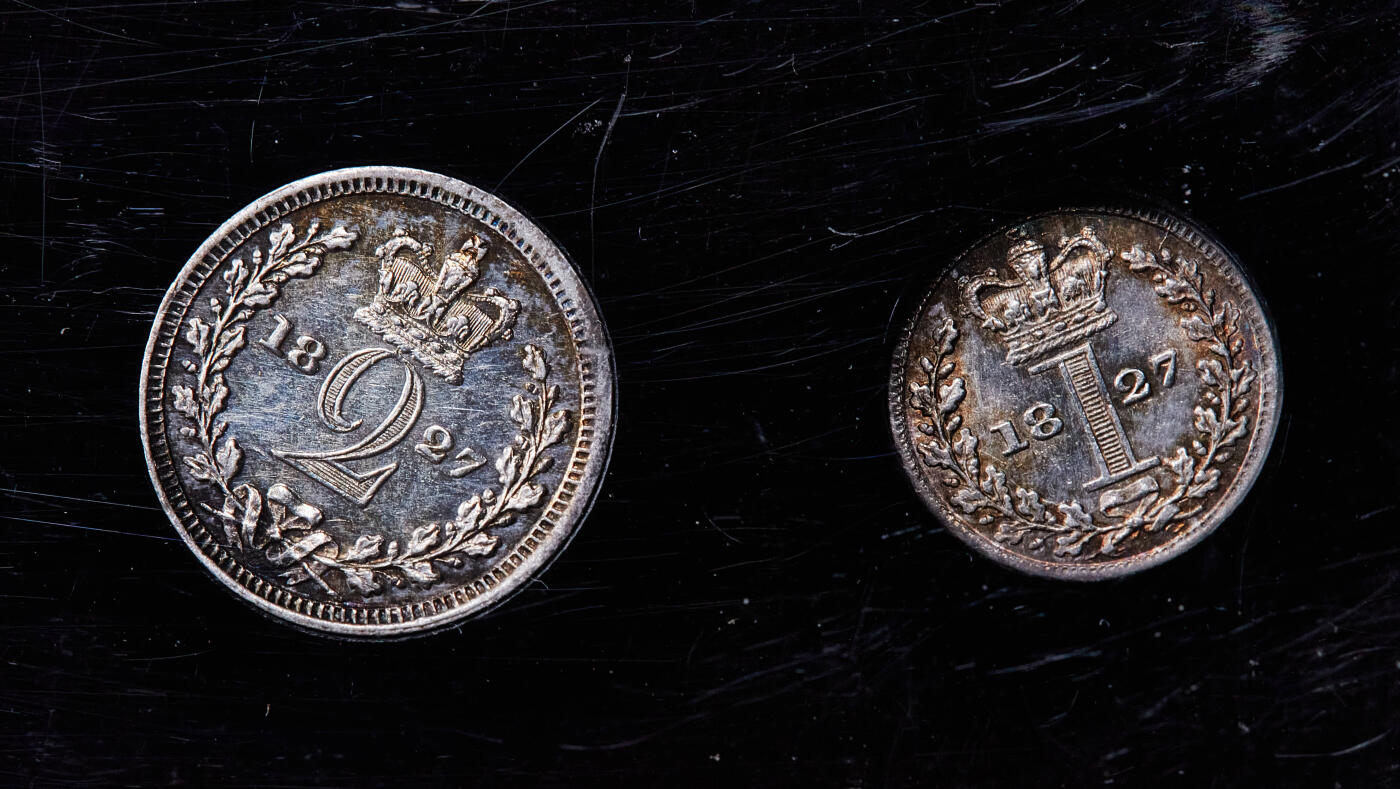 【俄甄集藏】满园春色-2026年(051)04-22星期三 晚 19:30 全场包邮 英国1827年乔治四世濯足节1、2、3、4便士银币4枚一套，类精制底板，五彩包浆，状态难得