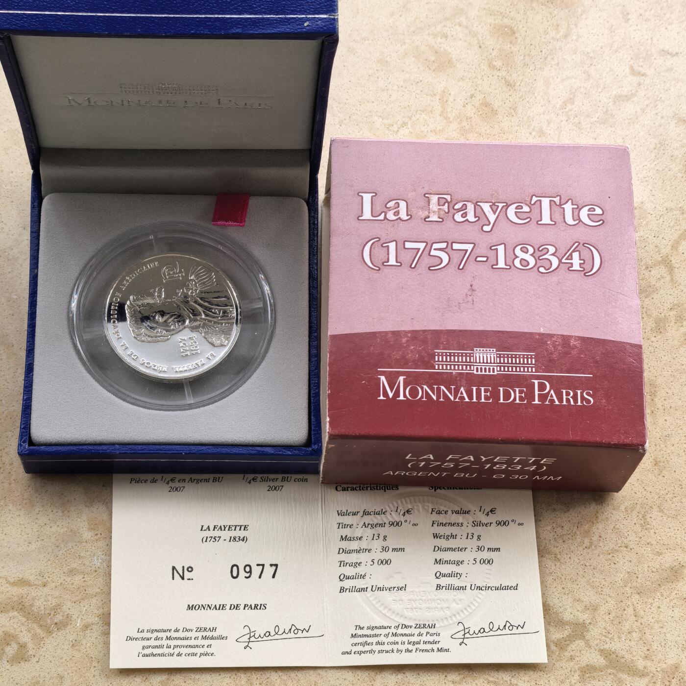 道一币馆币章第一百七十四场 原盒证 法国2007年拉法耶特将军逝世250周年1/4欧元银币