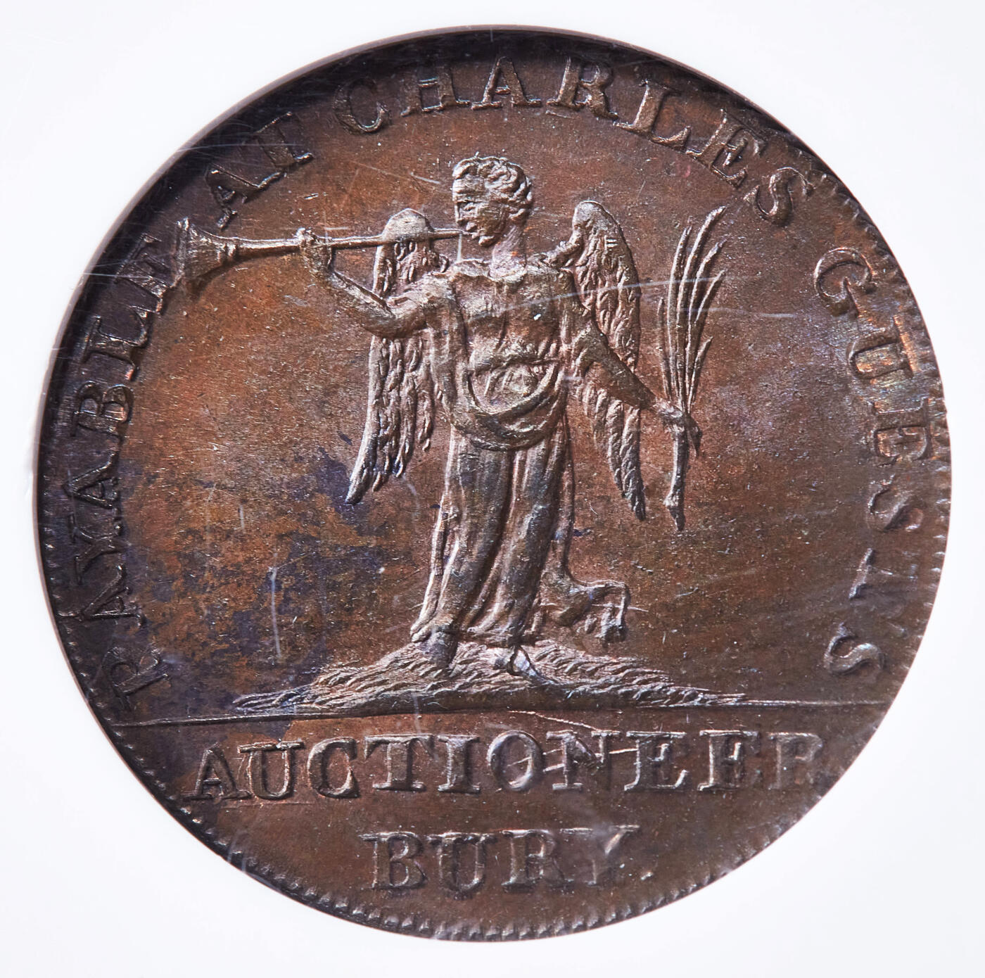 【俄甄集藏】满园春色-2026年(051)04-22星期三 晚 19:30 全场包邮 英国1795年萨福克郡伯里圣埃德蒙兹Charles Guest拍卖行1/2便士名誉女神墨菲商业代用铜币，NGC MS64，巧克力包浆，转光品相，币完好，划痕是外盒上