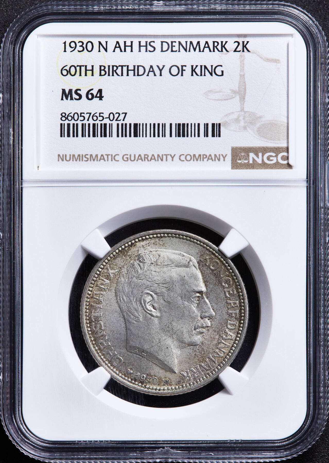 【俄甄集藏】满园春色-2026年(051)04-22星期三 晚 19:30 全场包邮 丹麦1930年克里斯蒂安十世60寿辰2克朗纪念银币，NGC MS64，黄油彩包浆，转光品相