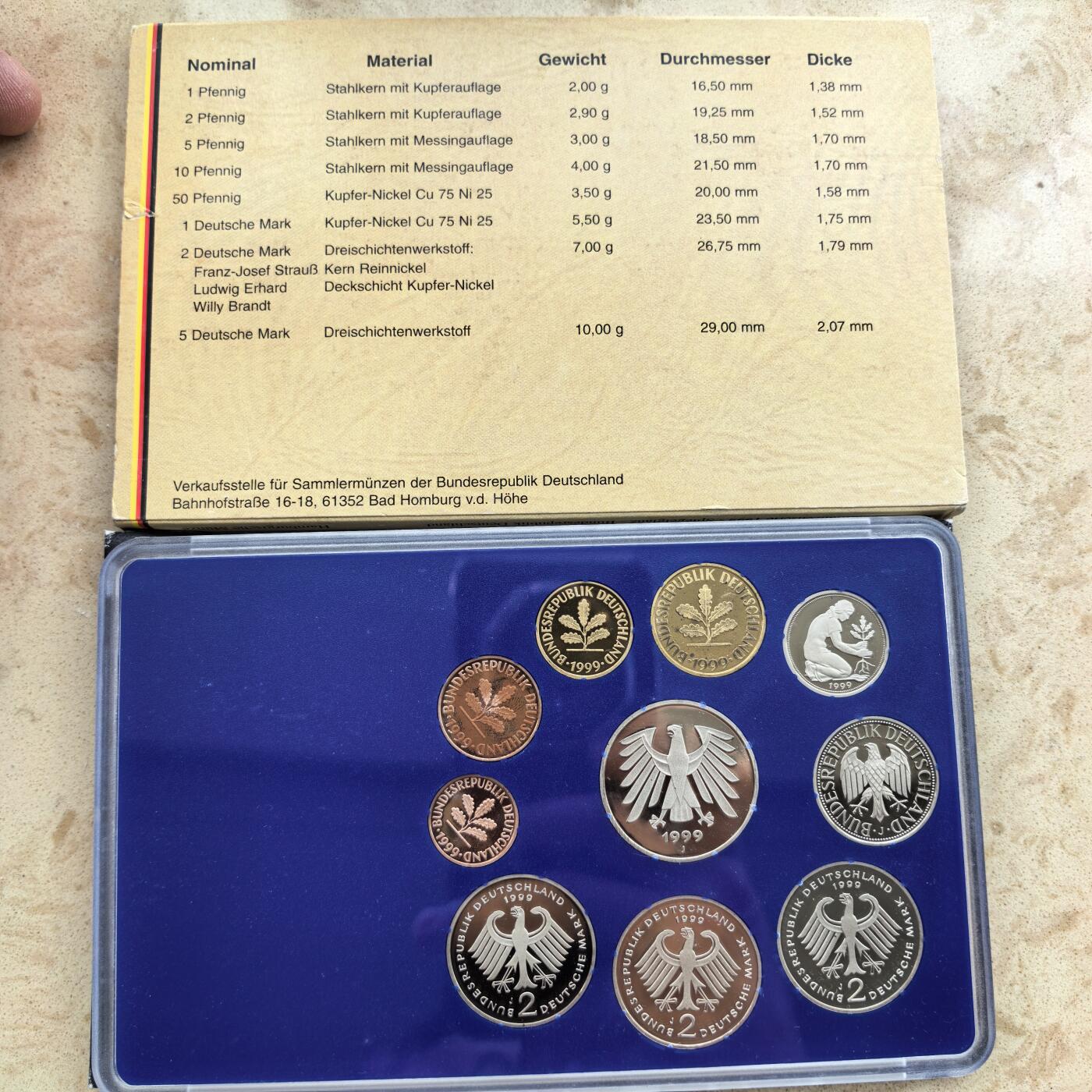 道一币馆币章第一百七十四场 原包装 德国1999年精制套币全套十枚-J标汉堡造币厂