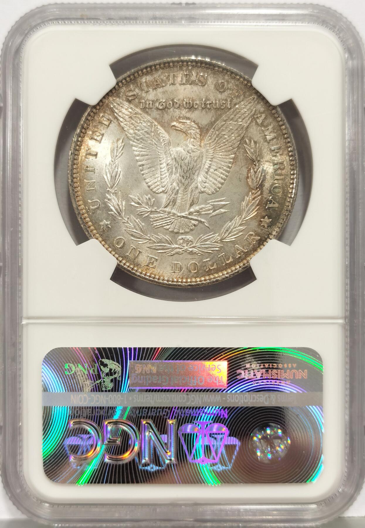 博洋堂世界钱币拍卖第168期（全场包邮） NGC MS64 美国1896年摩根银币，彩色包浆，单面月牙彩