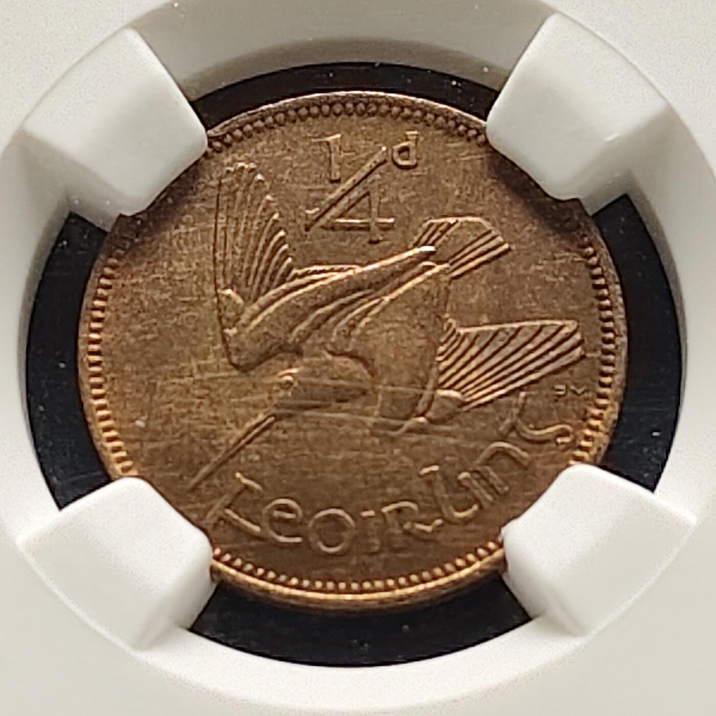 【全场包邮】纯粹捡漏拍521场 【收藏级·亚军分】爱尔兰1953年1/4便士铜币-NGC MS65 RB（更高分仅1枚）