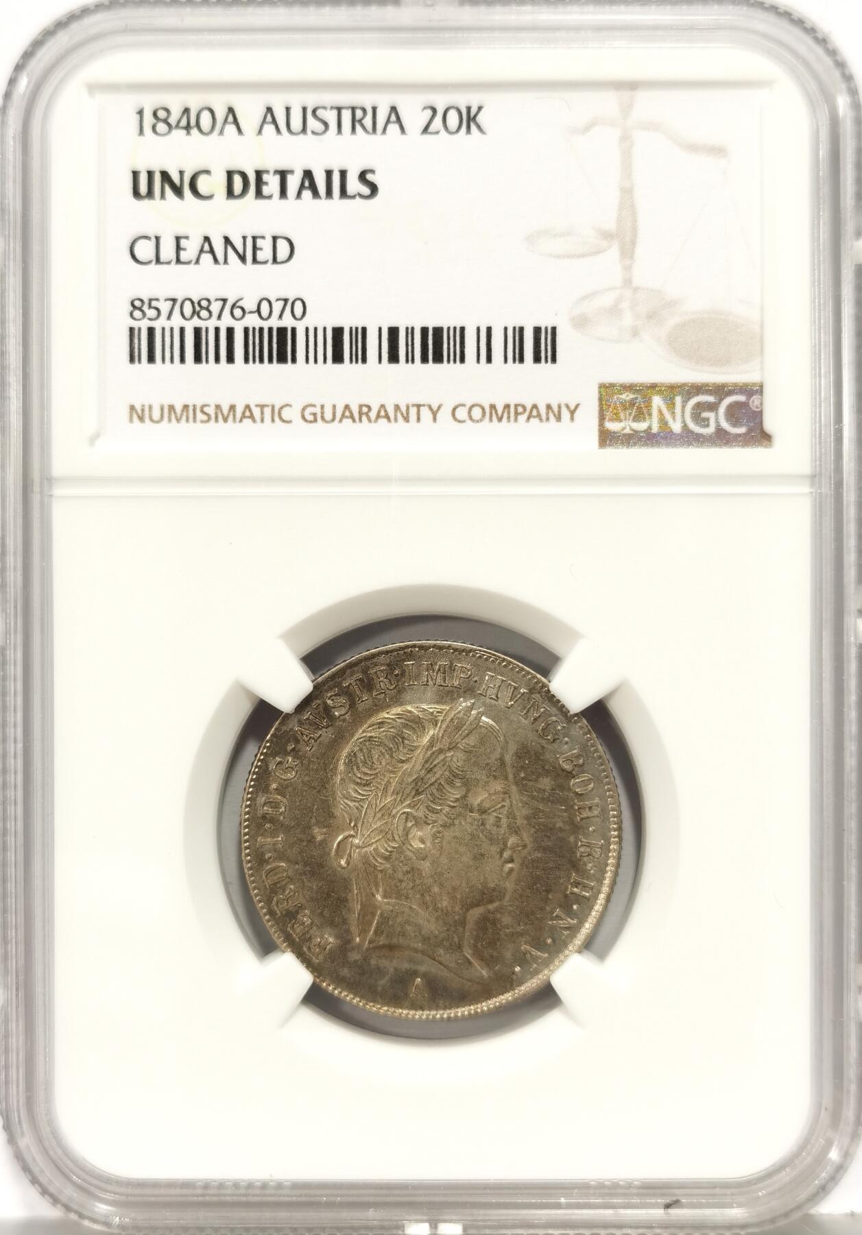 博洋堂世界钱币拍卖第168期（全场包邮） NGC UNC 奥匈帝国1840年20克鲁泽银币 转光+五彩