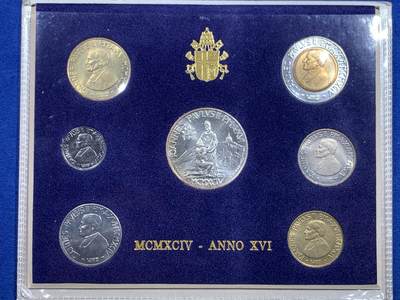 《竞宝斋》第479场 周日，周一 2场连拍 （全场包邮）20级店铺 欢迎送拍 - 梵蒂冈1994年7枚装套币，其中一枚1000里拉是银币，14.6克，册装，极少见的银币版本。