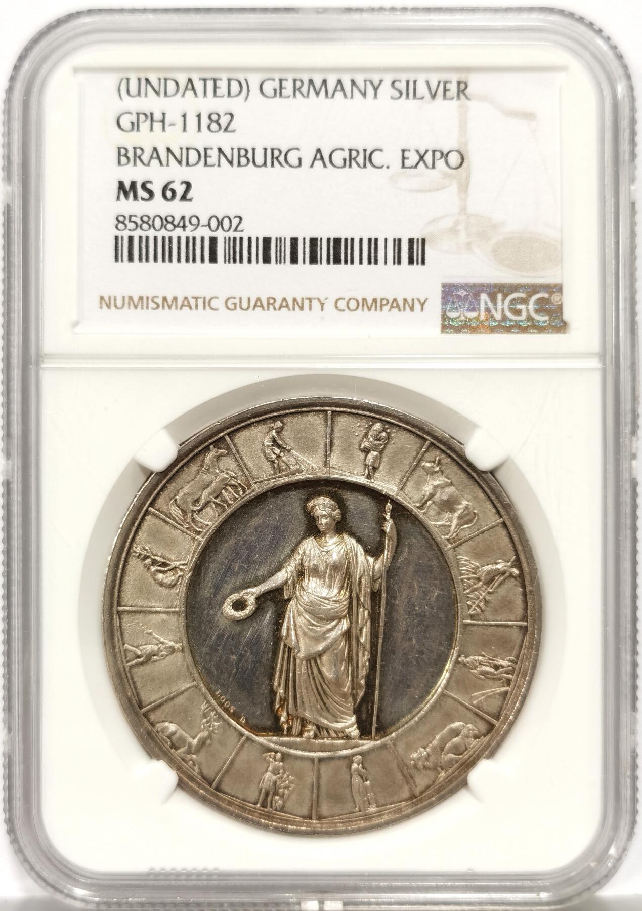 博洋堂世界钱币拍卖第168期（全场包邮） NGC MS62 19世纪德国勃兰登堡农业博览会纪念银章 名家LOOS作品 类镜面底板 浮雕图案精美 细节细致入微