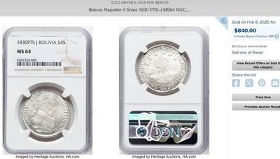 博洋堂“生趣盎然”4月精品专场暨第169期（全场包邮） PCGS MS63 玻利维亚1830年4S银币，名家旧藏，半圆少见高分，PC亚军分数，今年2月HA刚成交一枚P盒62分3000+，去年64分成交840美金