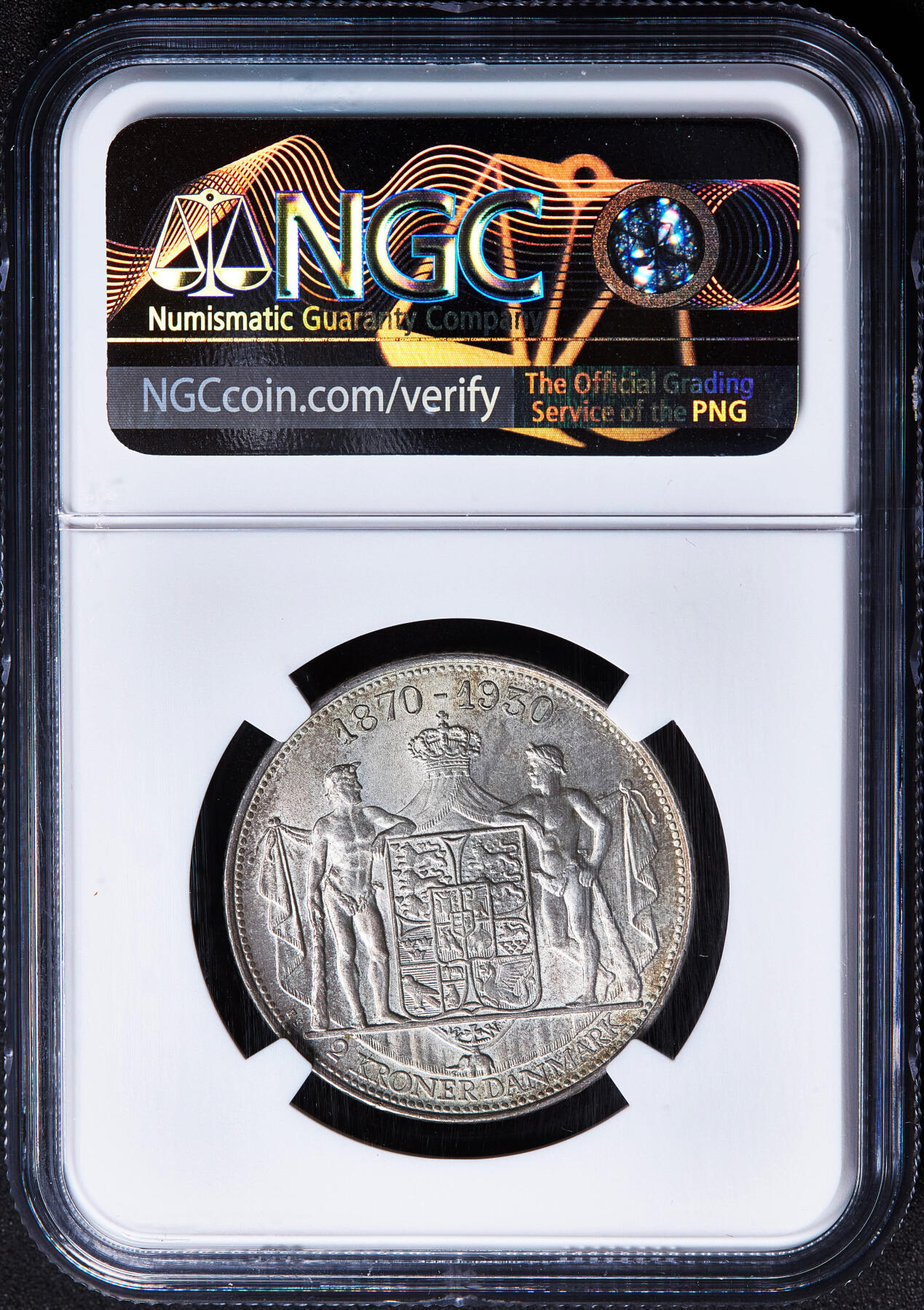 【俄甄集藏】满园春色-2026年(051)04-22星期三 晚 19:30 全场包邮 丹麦1930年克里斯蒂安十世60寿辰2克朗纪念银币，NGC MS64，黄油彩包浆，转光品相