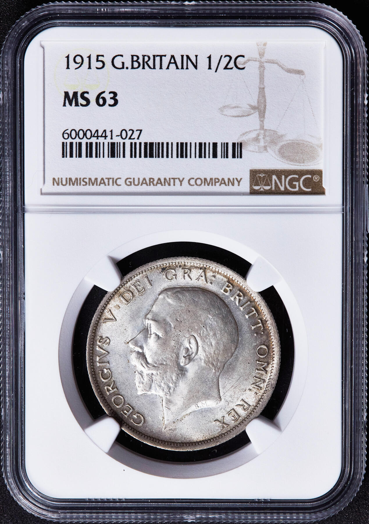 【俄甄集藏】满园春色-2026年(051)04-22星期三 晚 19:30 全场包邮 英国1915年乔治五世1/2克朗银币，NGC MS63，黄油彩，转光品相