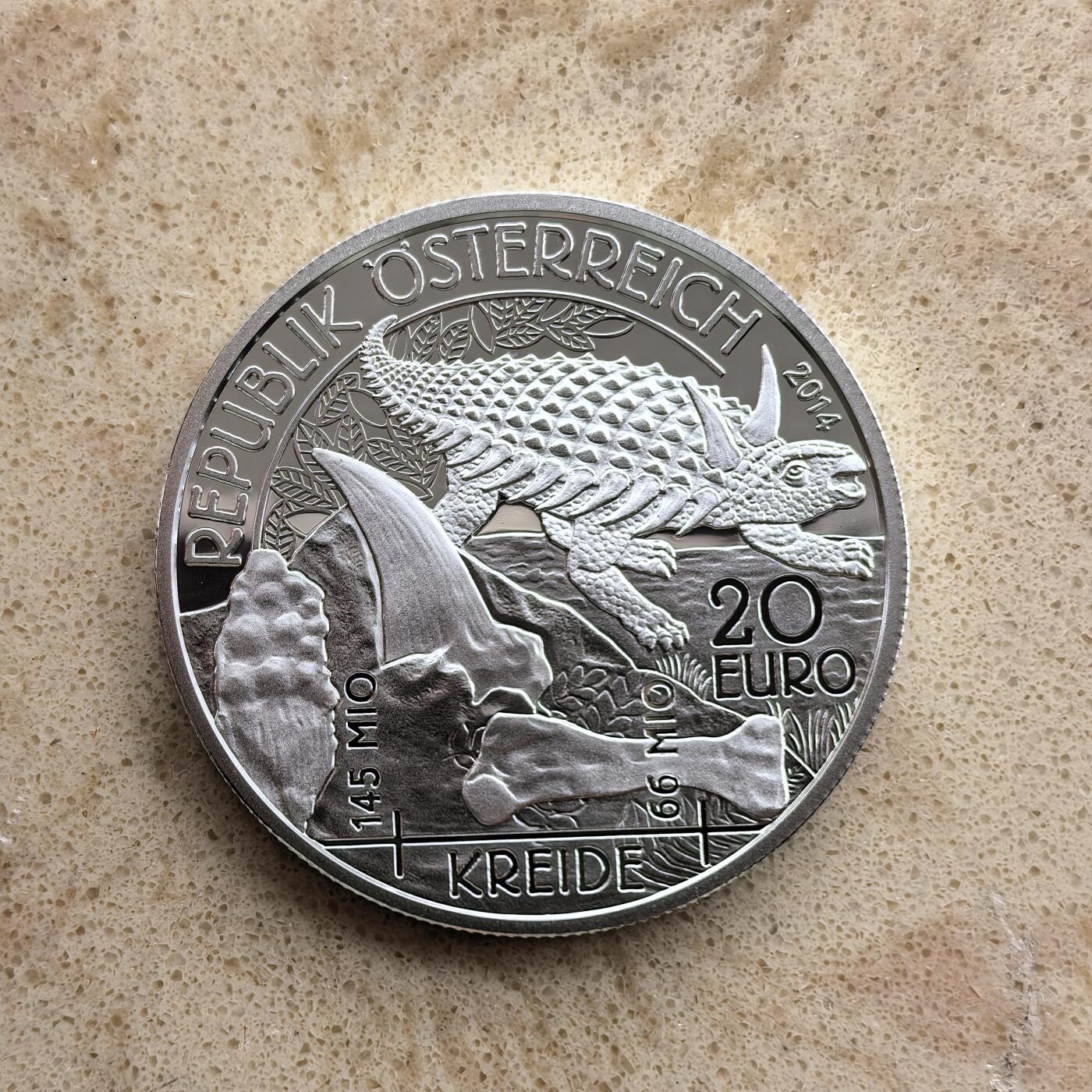 道一币馆币章第一百七十四场 原盒证 奥地利2014年史前生物系列-白垩纪时代20欧元精制银币