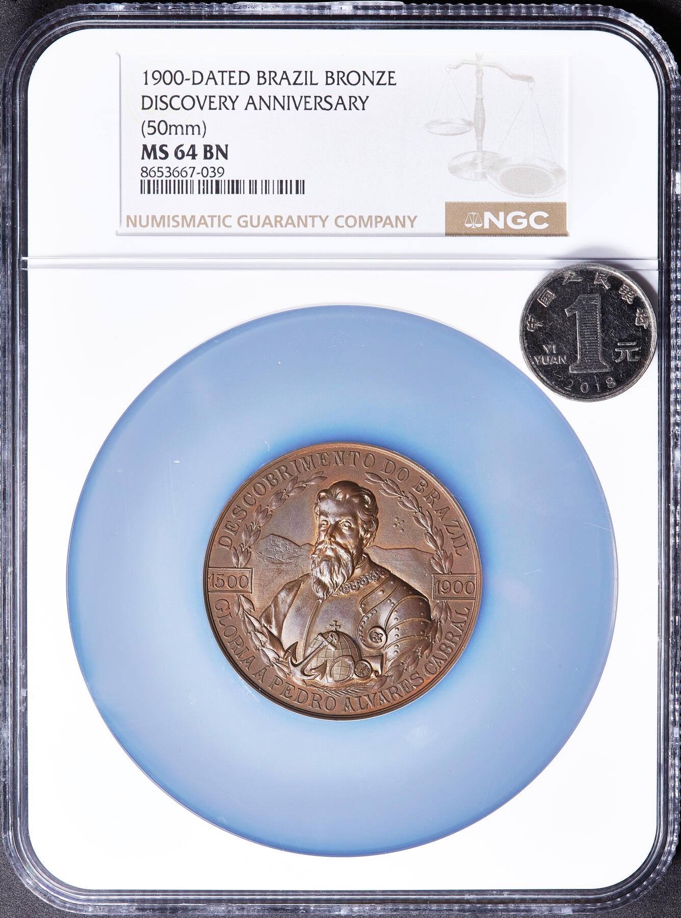 【俄甄集藏】满园春色-2026年(051)04-22星期三 晚 19:30 全场包邮 巴西1900年航海家佩德罗·卡布拉尔头像纪念发现巴西400周年大铜章，NGC MS64，巧克力包浆，顶级品相，里约热内卢历史与地理学会发行，德国纽伦堡劳尔厂铸造，直径：50mm，重：48克，稀有品种