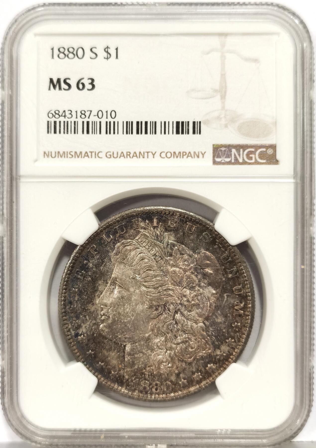 博洋堂世界钱币拍卖第168期（全场包邮） NGC MS63 美国1880年S版摩根银币，双面重五彩包浆，美轮美奂