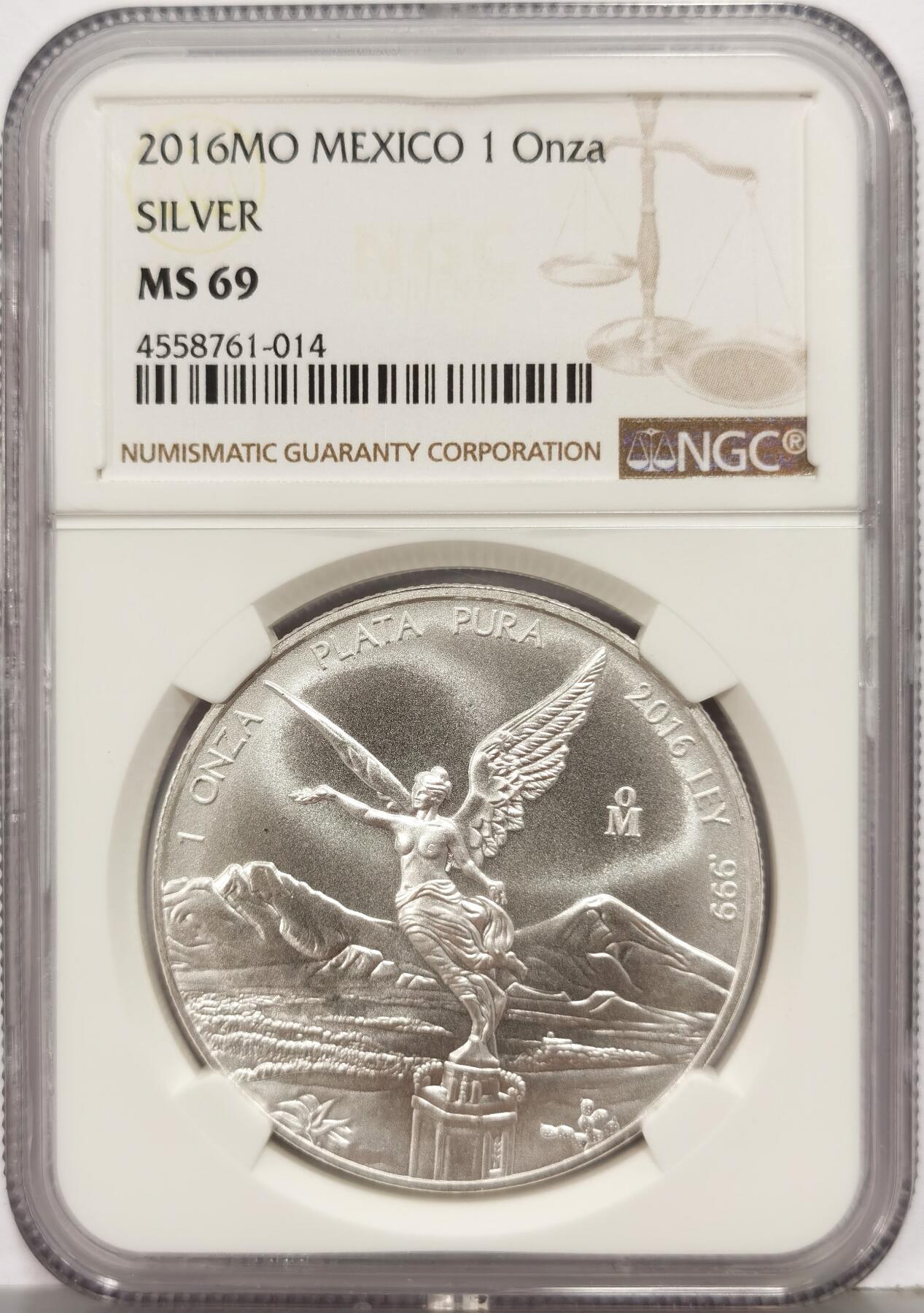 博洋堂世界钱币拍卖第168期（全场包邮） NGC MS69 墨西哥2016年自由女神像银币，MO厂标，高浮雕磨砂底板。