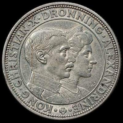 修遠堂世界钱币第111期 - 1923年丹麦国王银婚纪念2克朗银币 15g，含银80%