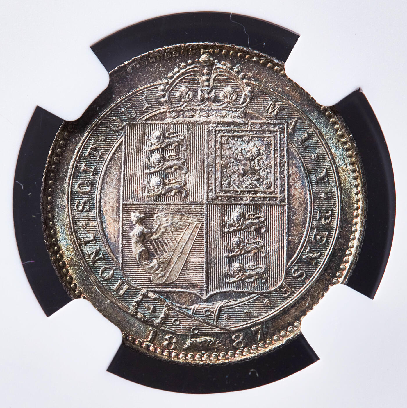 【俄甄集藏】满园春色-2026年(051)04-22星期三 晚 19:30 全场包邮 英国1887年维多利亚高冠1先令银币，NGC MS63，五彩包浆，转光品相