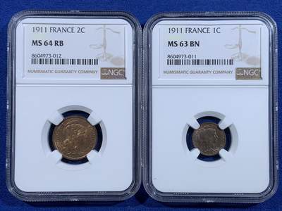 《竞宝斋》第479场 周日，周一 2场连拍 （全场包邮）20级店铺 欢迎送拍 - 两枚一组 NGC MS63BN/MS64RB 1911年法国1分/2分 少见品种 1C是巧克力包浆 2C原铜光非常漂亮