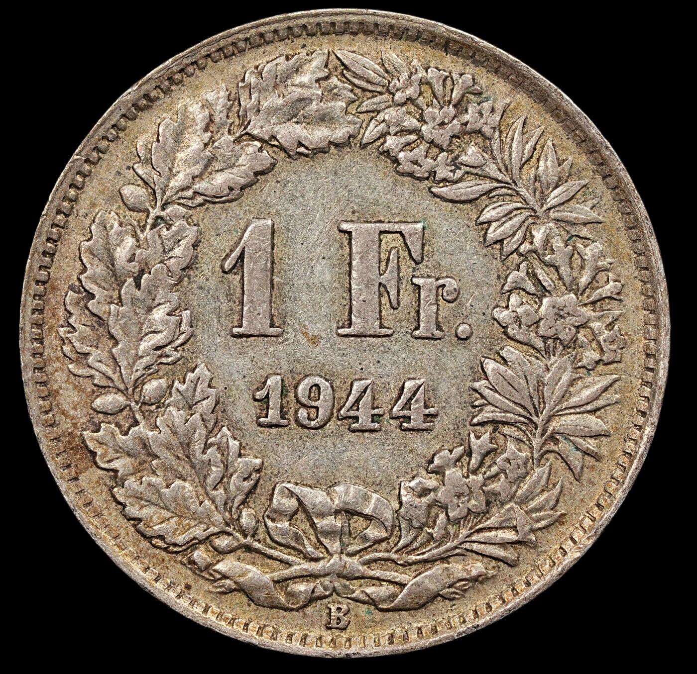 修遠堂世界钱币第111期 1944年瑞士1法郎银币，4.97g，含银83.5%