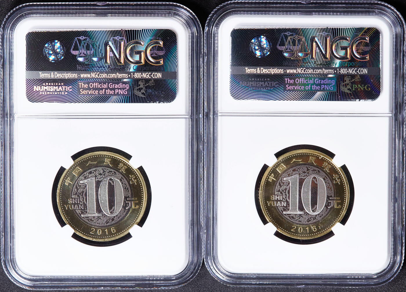 【俄甄集藏】满园春色-2026年(051)04-22星期三 晚 19:30 全场包邮 中国2016年猴年10元双色纪念币“年年有余”特殊评级标签4枚一组，NGC MS68PL，类精制底板