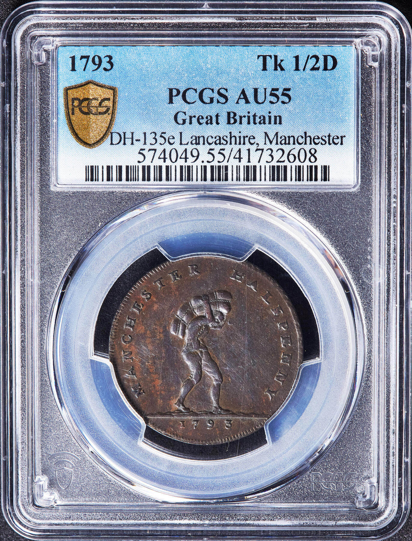 【俄甄集藏】满园春色-2026年(051)04-22星期三 晚 19:30 全场包邮 英国1793年兰开郡曼彻斯特搬运工1/2便士布里奇沃特公爵运河商业代用铜币，PCGS AU55，巧克力包浆，少见品种，币完好，划痕是外盒上