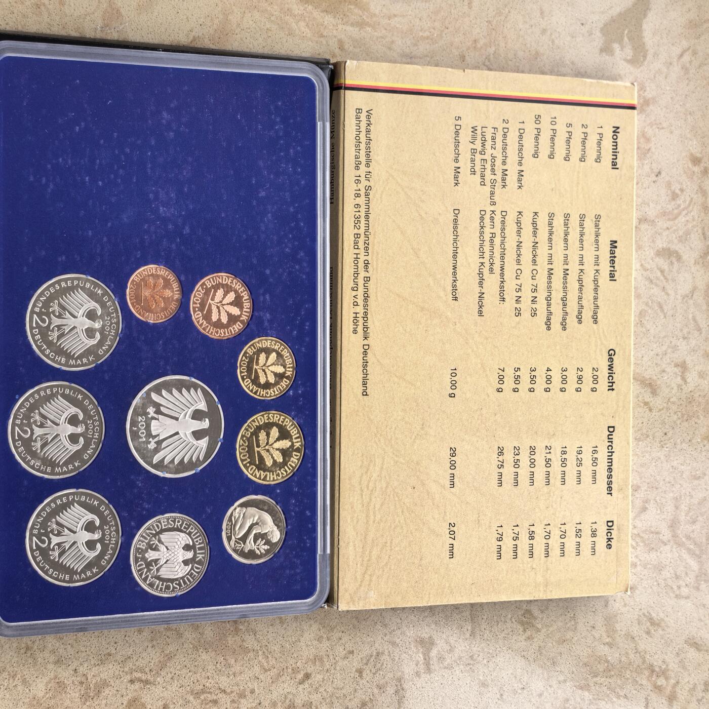 道一币馆币章第一百七十四场 原包装 德国2001年精制套币全套十枚-J标汉堡造币厂 最后的马克套币