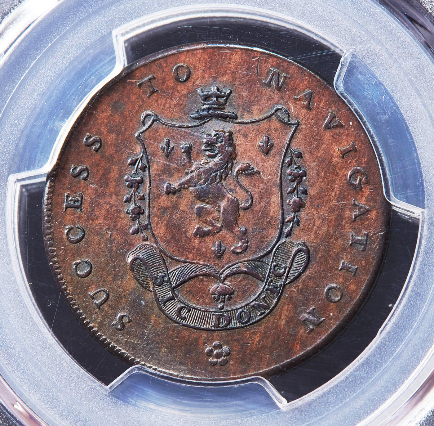 【俄甄集藏】满园春色-2026年(051)04-22星期三 晚 19:30 全场包邮 英国1793年兰开郡曼彻斯特搬运工1/2便士布里奇沃特公爵运河商业代用铜币，PCGS AU55，巧克力包浆，少见品种，币完好，划痕是外盒上