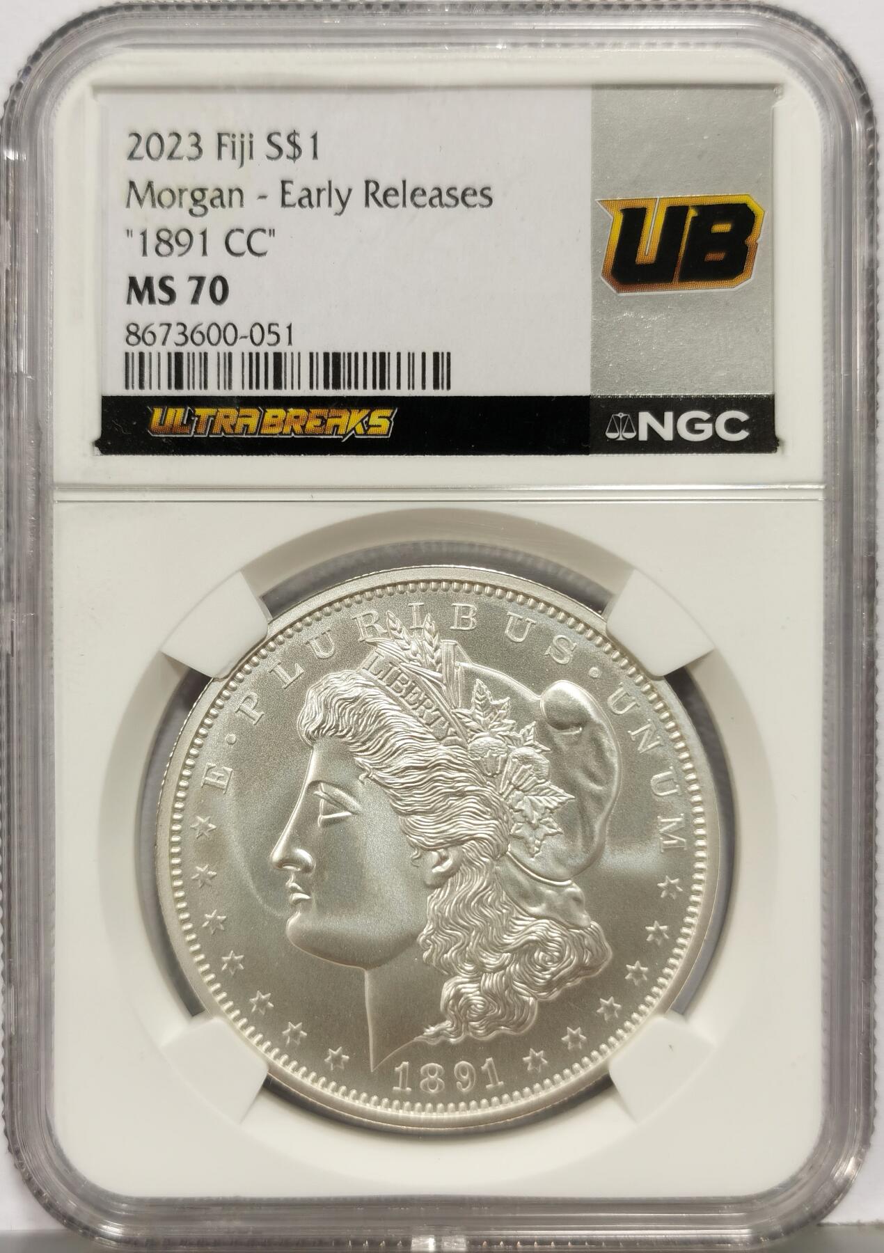 博洋堂世界钱币拍卖第168期（全场包邮） NGC MS70 斐济2023年发行钱币盲盒系列-经典复刻-1891年美国摩根“CC”版一盎司银币，磨砂底板高浮雕，特版稀缺，NGC评级满分，早期发行，UltraBreaks标签版，NGC与收藏盲盒品牌UltraBreaks合作推出的专属限定标签。