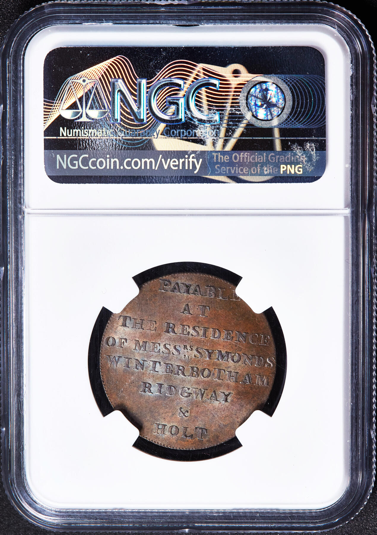 【俄甄集藏】满园春色-2026年(051)04-22星期三 晚 19:30 全场包邮 英国1794年米德尔塞克思郡伦敦纽盖特监狱（1902年拆除）1/2便士商业代用铜币，NGC MS64，巧克力包浆，转光品相，设计精美