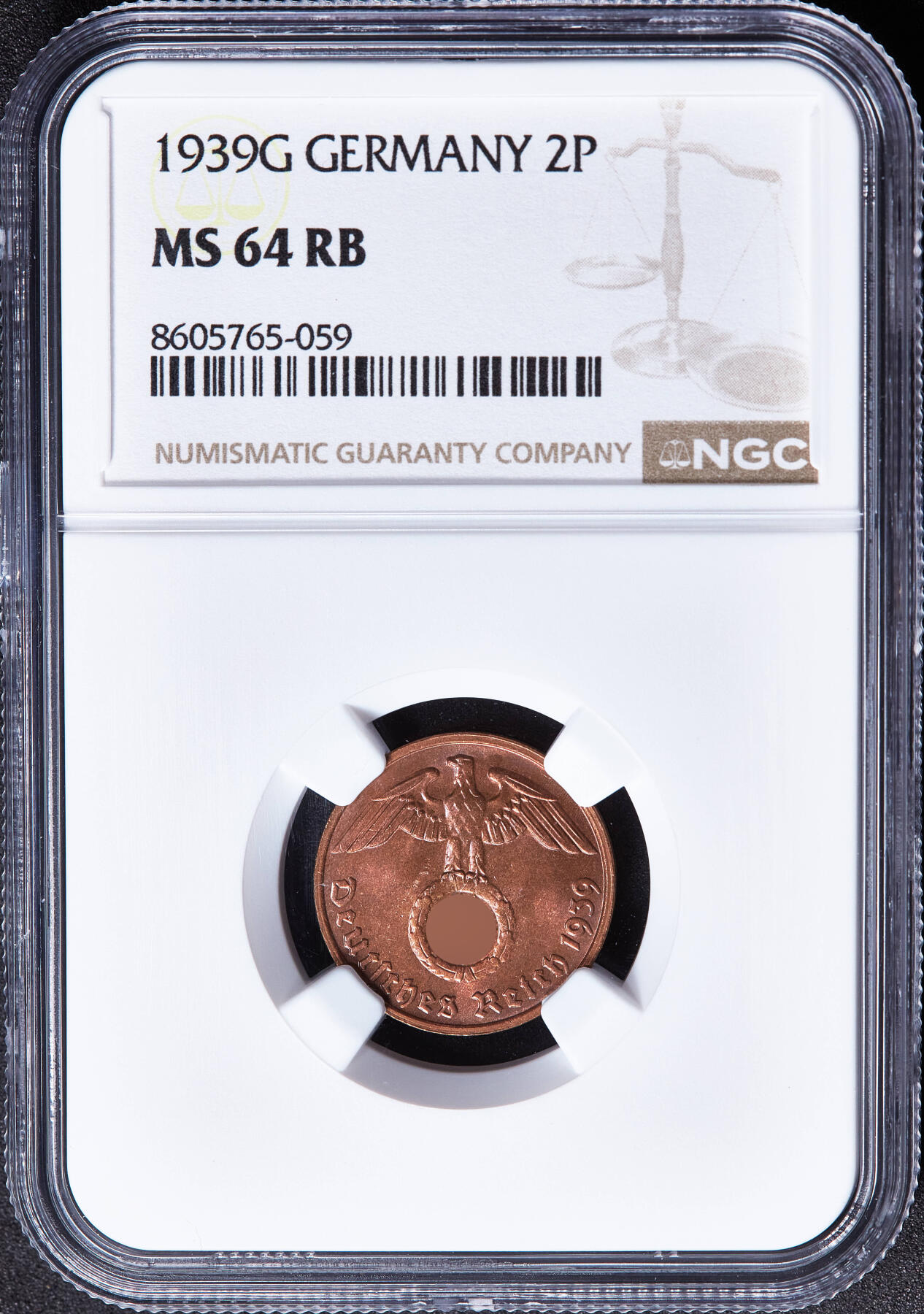【俄甄集藏】满园春色-2026年(051)04-22星期三 晚 19:30 全场包邮 德国第三帝国1939年G版党徽2芬尼铜币，NGC MS64RB，原铜色，转光品相，原图至官网查询或联系客服