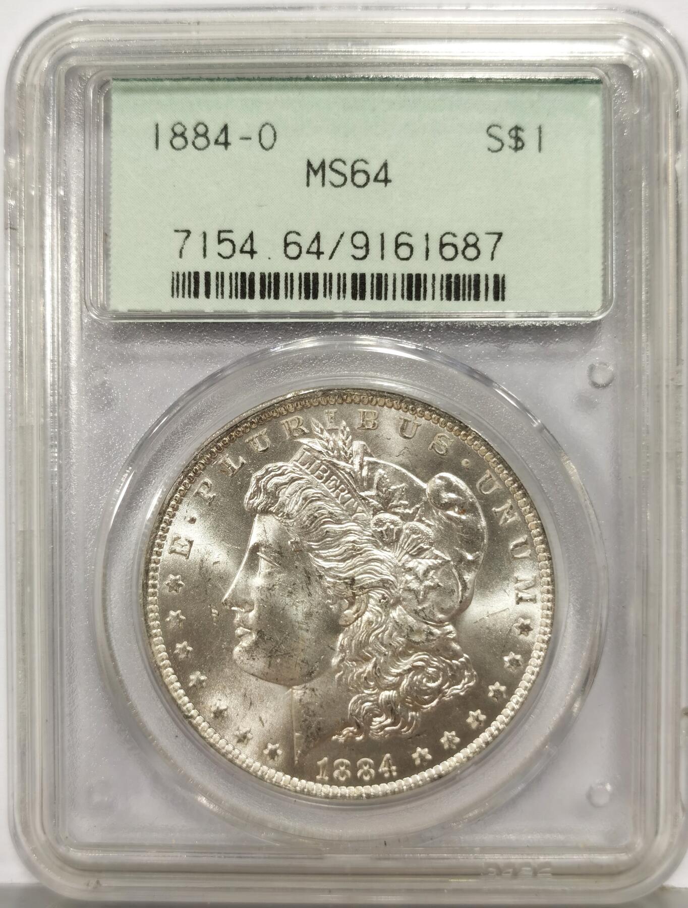 博洋堂世界钱币拍卖第168期（全场包邮） PCGS MS64 美国1884年O版摩根银币，二代小绿盒严评，可比现在评级65分+，十字光