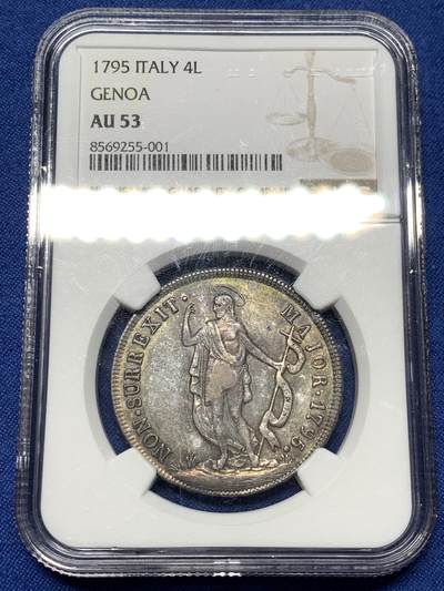 《竞宝斋》第479场 周日，周一 2场连拍 （全场包邮）20级店铺 欢迎送拍 - NGC AU53 意大利 1795年 热那亚共和国4里拉银币 稀少品种 比主币收藏其它更加不易