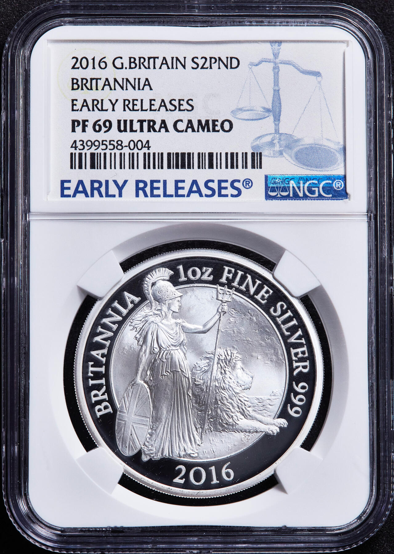 【俄甄集藏】满园春色-2026年(051)04-22星期三 晚 19:30 全场包邮 英国2016年不列颠女神驭狮2镑精制大银币，NGC PF69UC，重31.21克，999银，发行量6353枚，名誉品种，首期标签