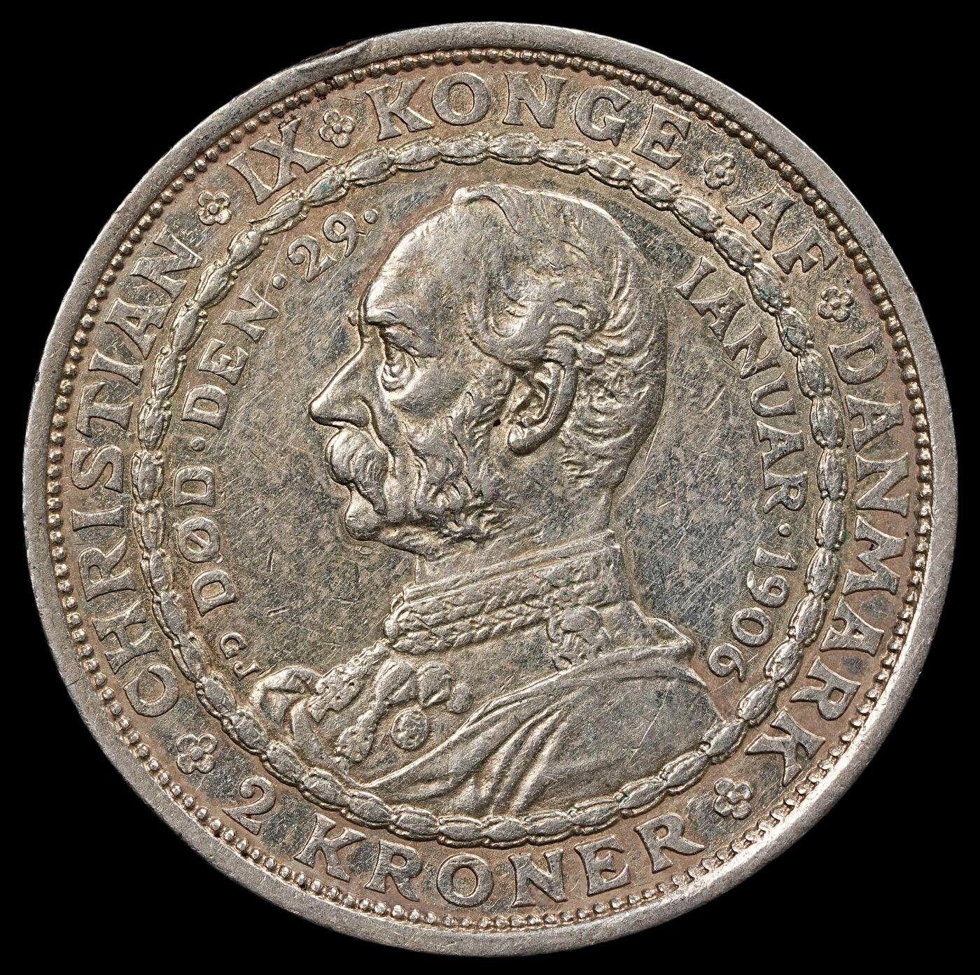 修遠堂世界钱币第111期 1906年丹麦国王更迭纪念2克朗银币 15g，含银80%