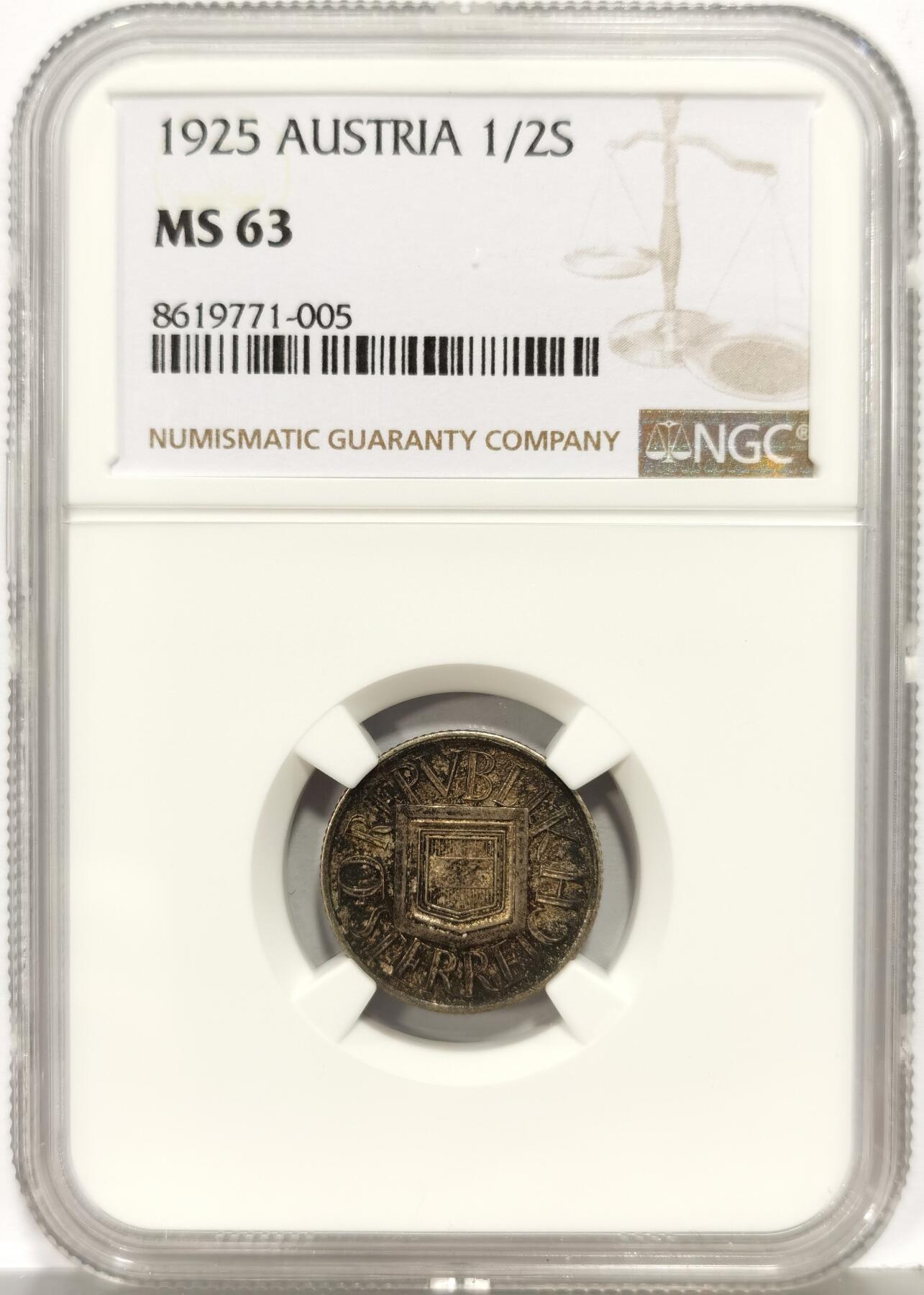 博洋堂世界钱币拍卖第168期（全场包邮） NGC MS63 奥地利1925年1/2先令银币，双面酱彩