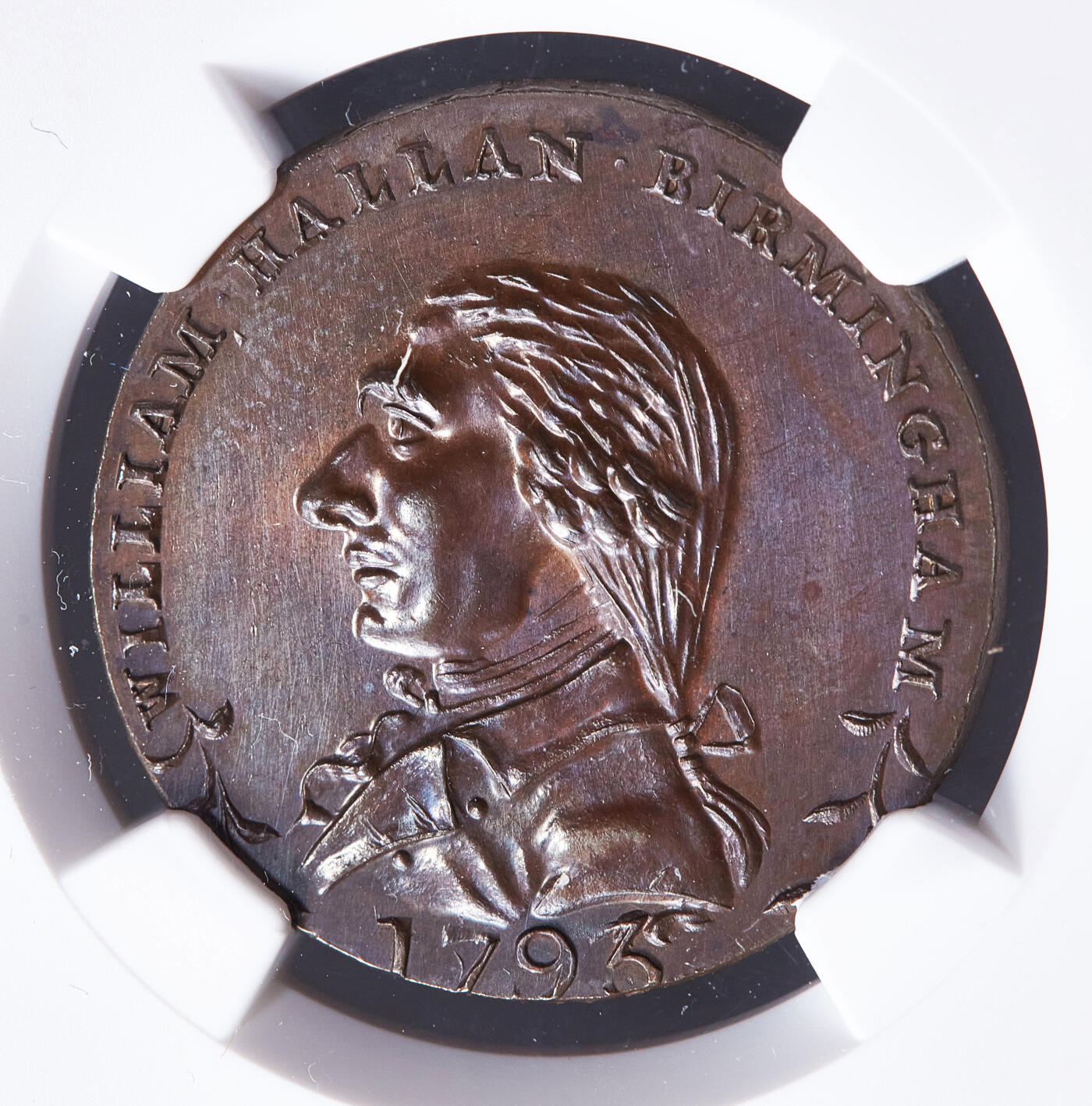 【俄甄集藏】满园春色-2026年(051)04-22星期三 晚 19:30 全场包邮 英国1795年沃里克郡伯明翰瓷器商人威廉·哈伦1/2便士敦科文特花园圣保罗教堂火灾代用铜币，NGC MS63，巧克力包浆，高浮雕，原光品相，季军