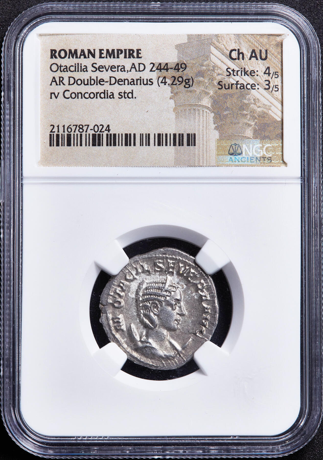 【俄甄集藏】满园春色-2026年(051)04-22星期三 晚 19:30 全场包邮 古罗马帝国公元244-249年奥塔西莉亚·塞维拉皇后双第纳尔和谐女神银币，NGC ChAU(Str 4/5, Sur 3/5)，罗马造币厂打制，正面皇后奥塔西莉亚·塞维拉右像，背面和谐女神手持丰饶角坐像，原味包浆，底光犹存