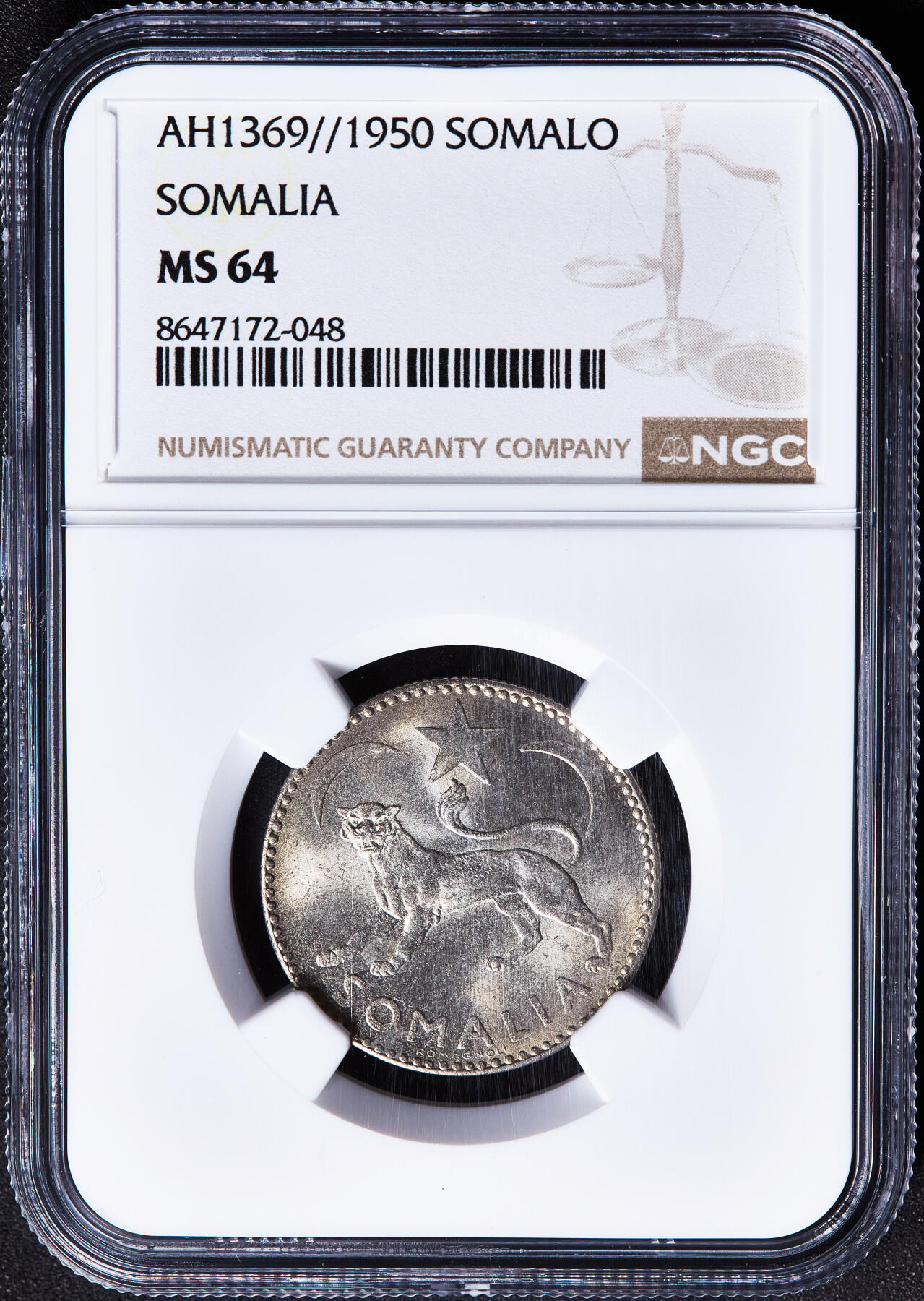 【俄甄集藏】满园春色-2026年(051)04-22星期三 晚 19:30 全场包邮 英属索马里1950年1索马洛非洲豹银币，NGC MS64，黄油彩包浆，转光品相