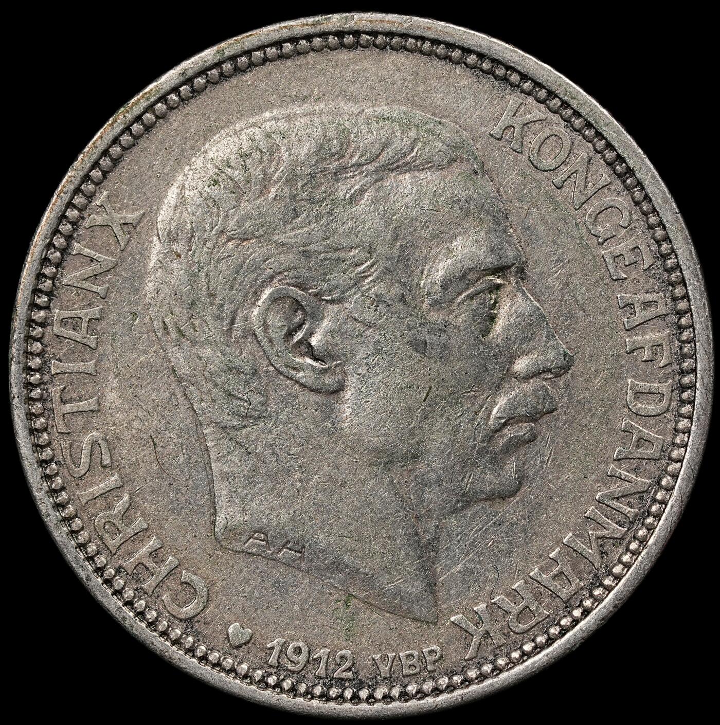 修遠堂世界钱币第111期 1912年丹麦国王更迭纪念2克朗银币 15g，含银80%