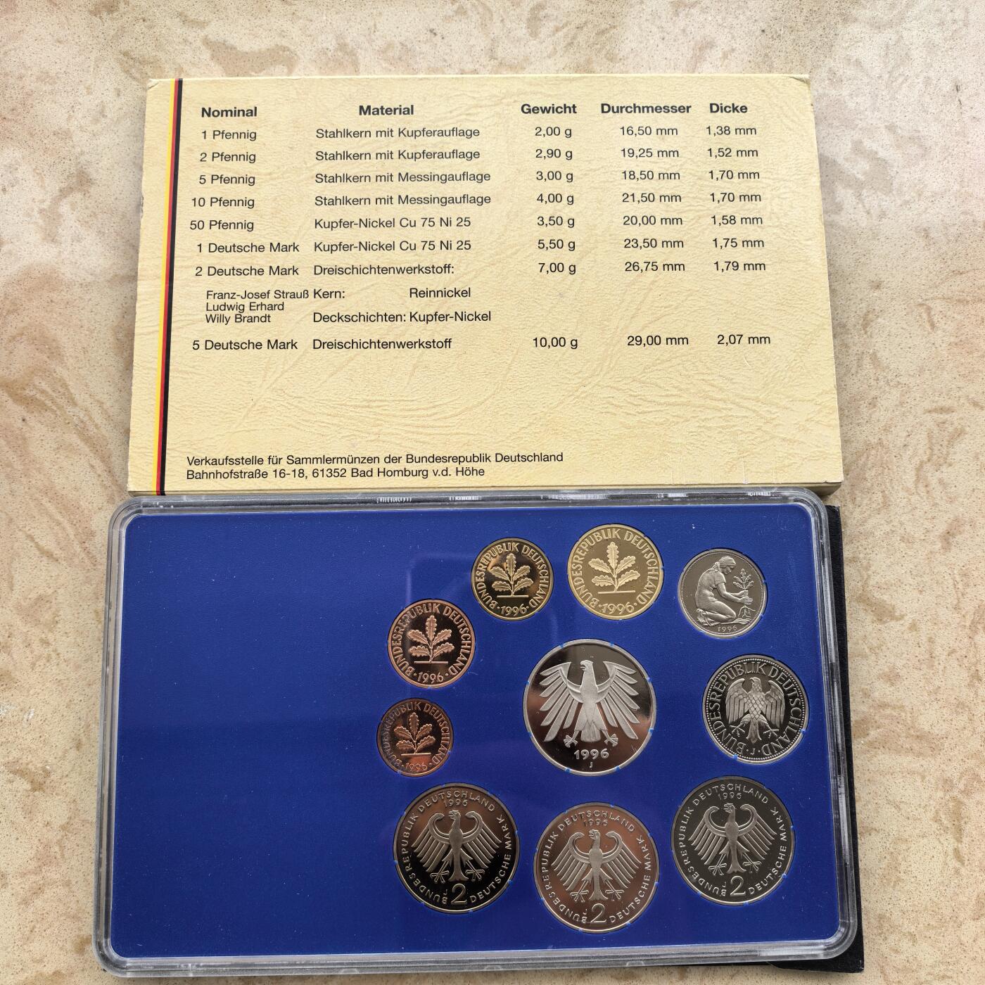 道一币馆币章第一百七十四场 原包装 德国1996年精制套币全套十枚-J标汉堡造币厂