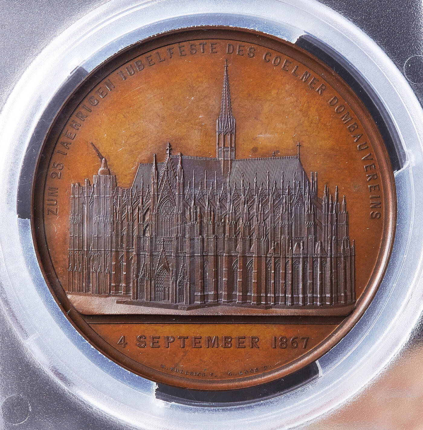 【俄甄集藏】满园春色-2026年(051)04-22星期三 晚 19:30 全场包邮 德国普鲁士1867年腓特烈·威廉四世、威廉一世头像纪念科隆大教堂续建25周年大铜章，PCGS SP65，巧克力包浆，高浮雕，设计精美，著名雕刻师弗里德里希·威廉·库利希作品，直径：70mm，唯一冠军