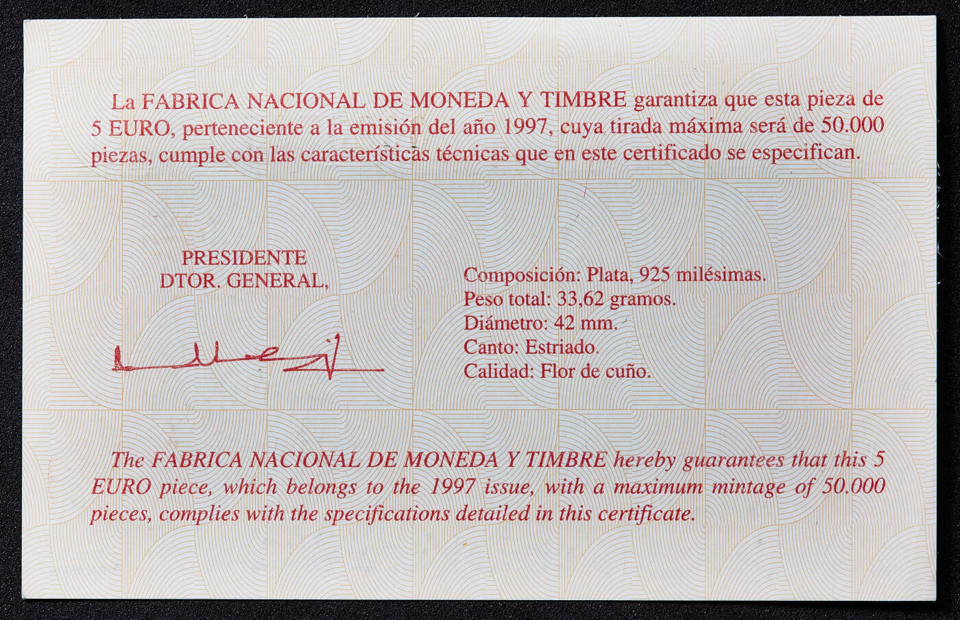 【俄甄集藏】满园春色-2026年(051)04-22星期三 晚 19:30 全场包邮 西班牙1997年航空史系列-纽波特与布雷盖双翼战斗机5欧元精制大银币，原木盒精装，带证书，重33.62克，925银，发行量50000枚，属于欧元流通前的预发行品种