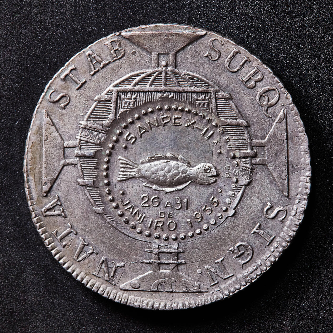 【俄甄集藏】满园春色-2026年(051)04-22星期三 晚 19:30 全场包邮 巴西1955年纪念第二届国际邮币博览会在桑托斯举办加盖巴西帝国960瑞斯大银币，稀少品种