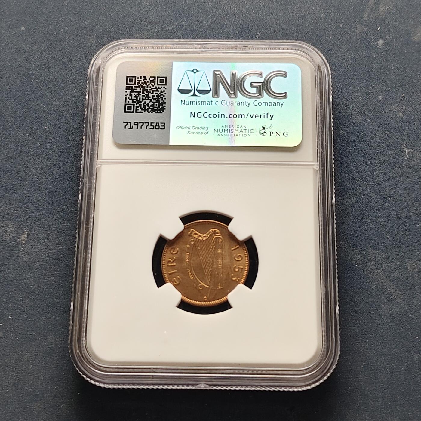 【全场包邮】纯粹捡漏拍521场 【收藏级·亚军分】爱尔兰1953年1/4便士铜币-NGC MS65 RB（更高分仅1枚）